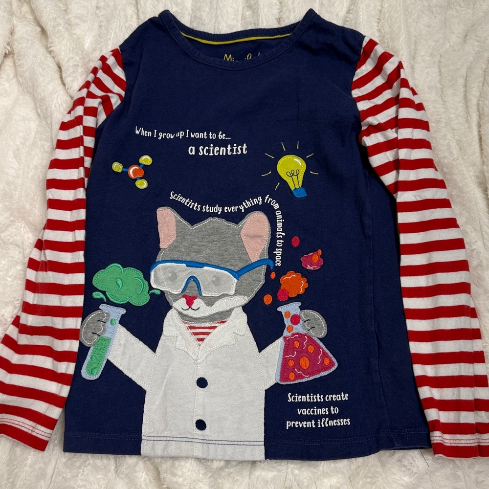 Mini Boden Appliqué “Scientist” Blue Kids Shirt with Striped Sleeves